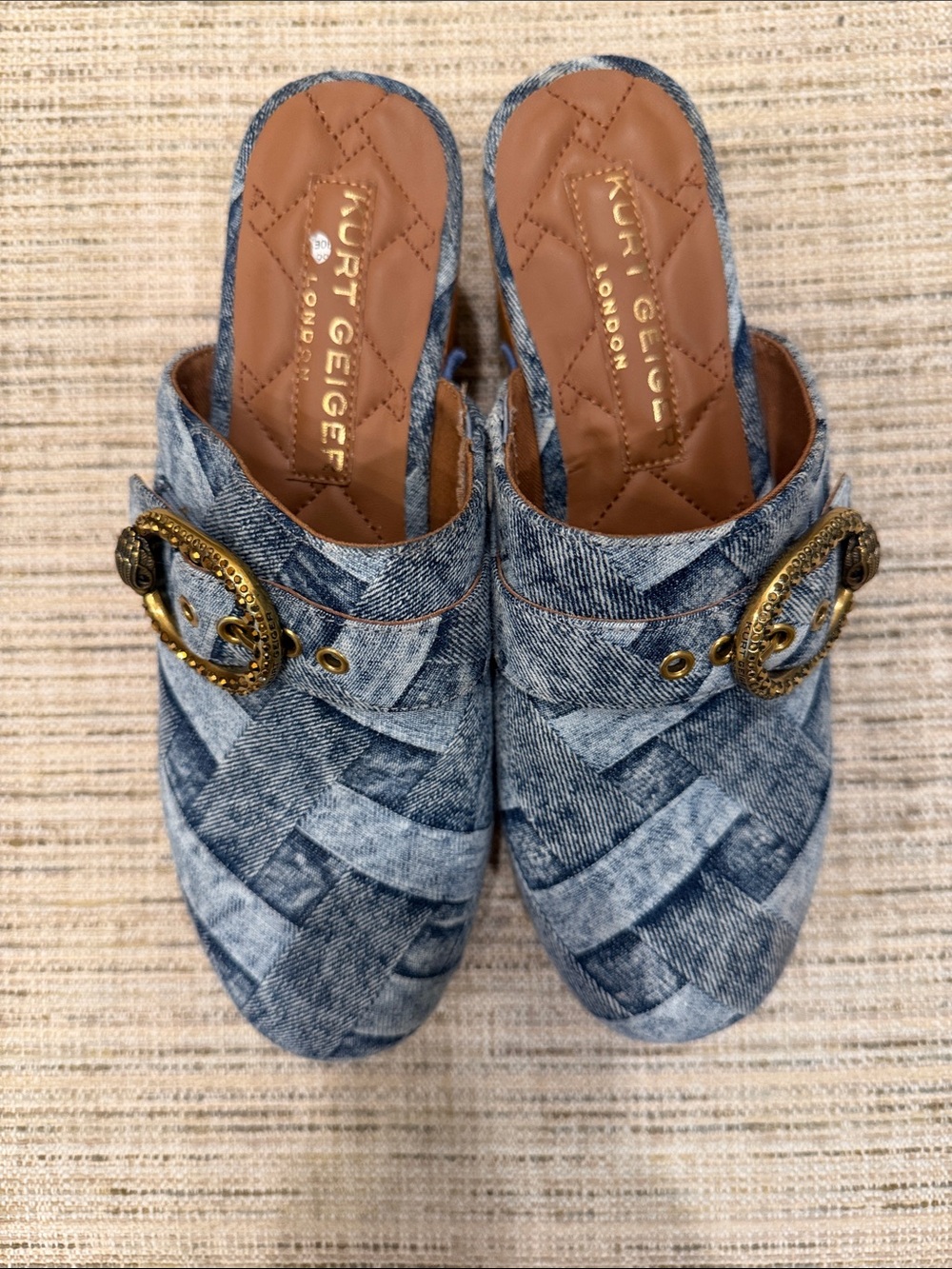 Kurt Geiger Denim Braided Mule with Decorative Gold Buckle Size 38.5